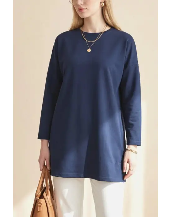 Eteği Kalp Detaylı Yırtmaçlı Salaş Penye Tunik -Laci