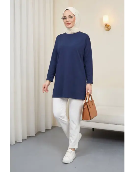 Eteği Kalp Detaylı Yırtmaçlı Salaş Penye Tunik -Laci