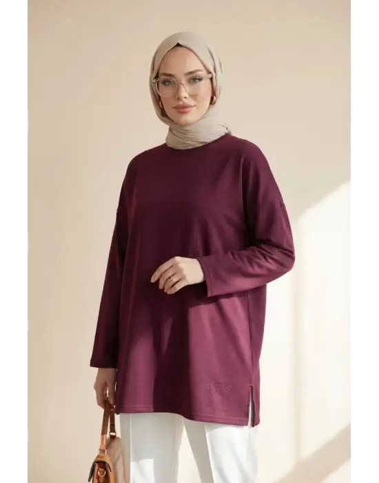 Eteği Kalp Detaylı Yırtmaçlı Salaş Penye Tunik -Mürdüm