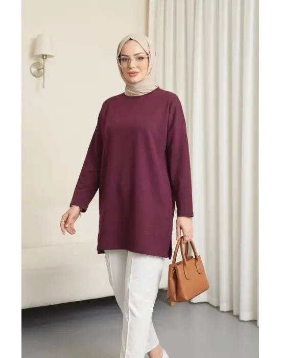 Eteği Kalp Detaylı Yırtmaçlı Salaş Penye Tunik -Mürdüm