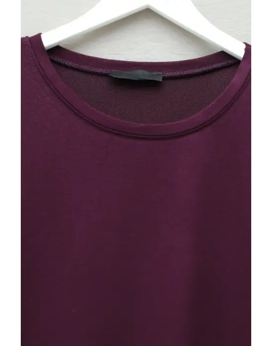 Eteği Kalp Detaylı Yırtmaçlı Salaş Penye Tunik -Mürdüm