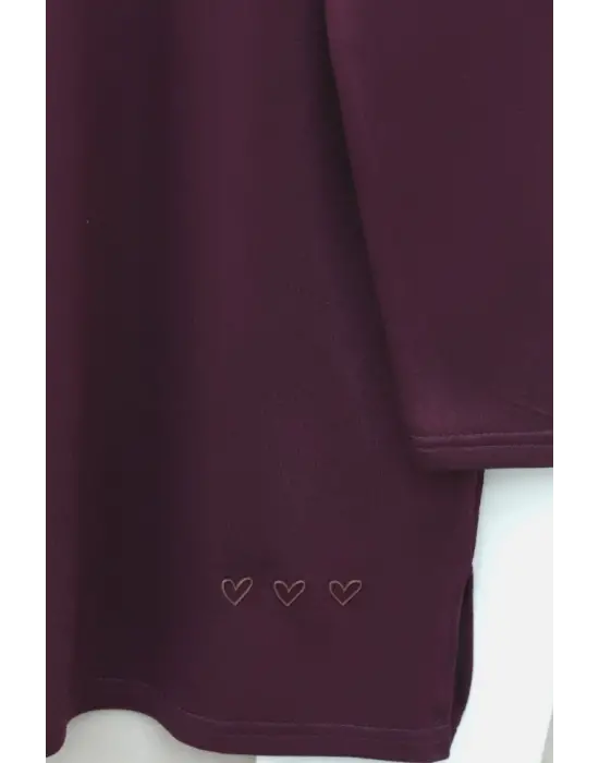 Eteği Kalp Detaylı Yırtmaçlı Salaş Penye Tunik -Mürdüm