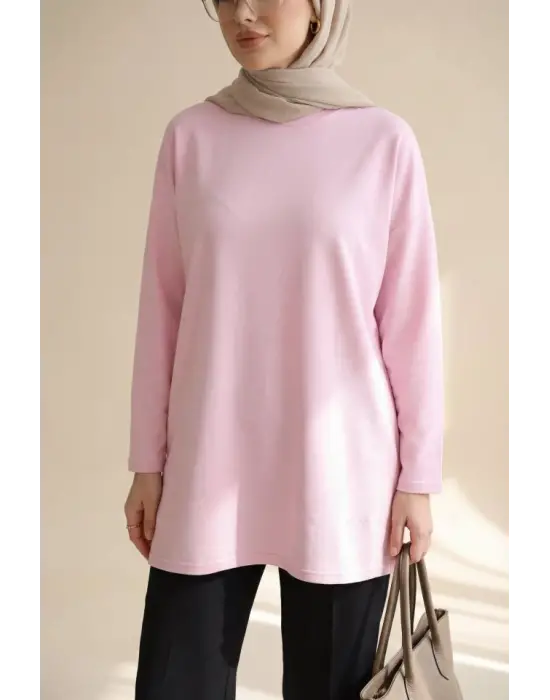 Eteği Kalp Detaylı Yırtmaçlı Salaş Penye Tunik -Pembe