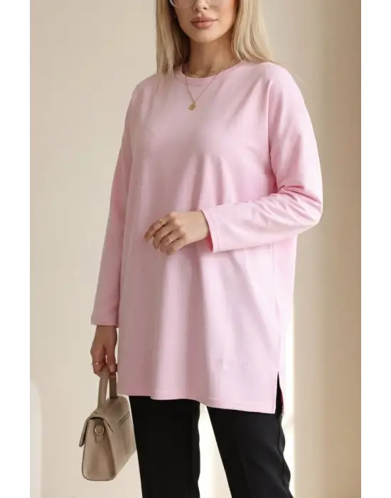 Eteği Kalp Detaylı Yırtmaçlı Salaş Penye Tunik -Pembe