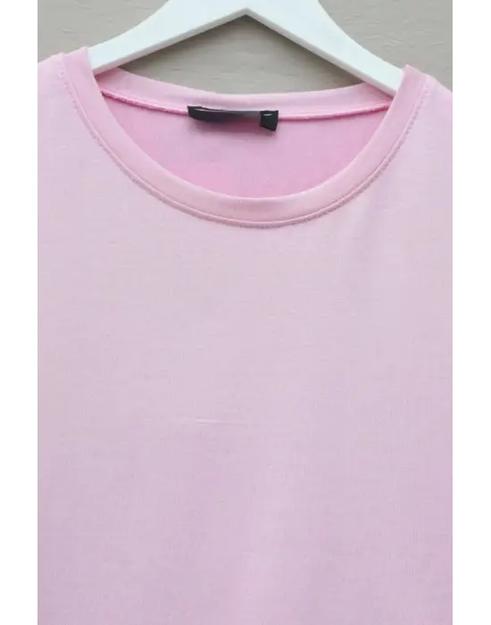 Eteği Kalp Detaylı Yırtmaçlı Salaş Penye Tunik -Pembe