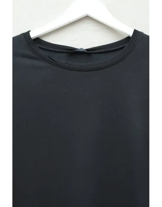 Eteği Kalp Detaylı Yırtmaçlı Salaş Penye Tunik -Siyah