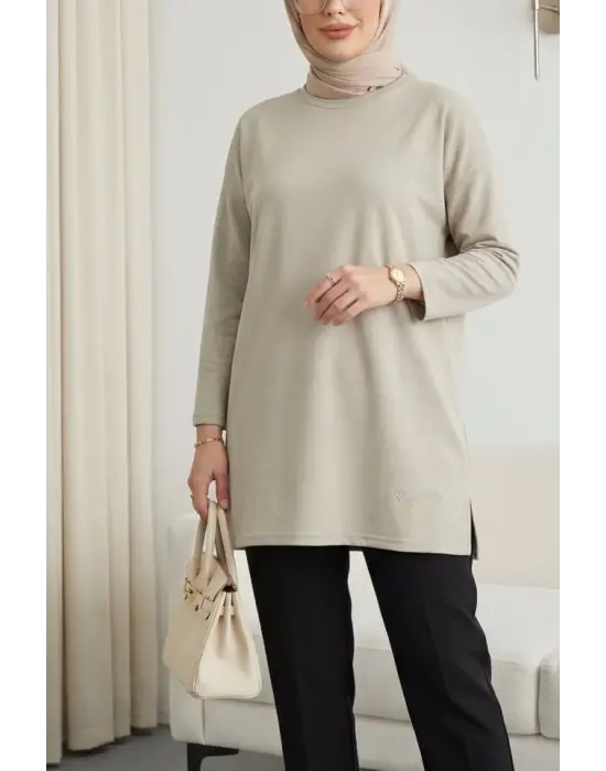 Eteği Kalp Detaylı Yırtmaçlı Salaş Penye Tunik  -Taş