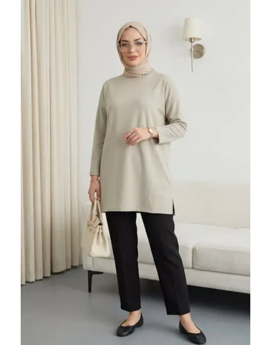 Eteği Kalp Detaylı Yırtmaçlı Salaş Penye Tunik  -Taş