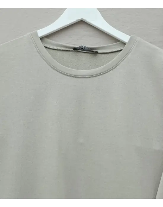 Eteği Kalp Detaylı Yırtmaçlı Salaş Penye Tunik  -Taş