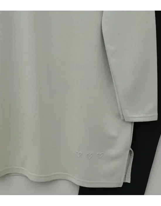 Eteği Kalp Detaylı Yırtmaçlı Salaş Penye Tunik  -Taş