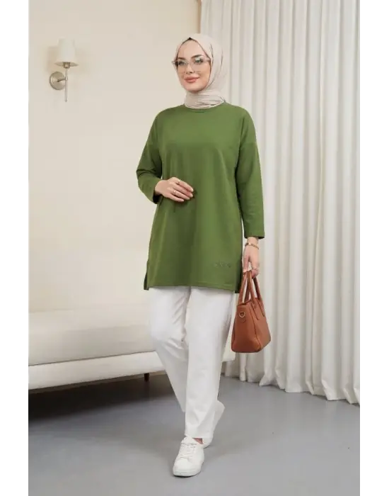 Eteği Kalp Detaylı Yırtmaçlı Salaş Penye Tunik -Yeşil