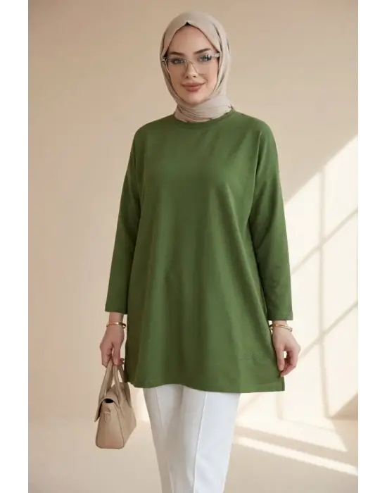 Eteği Kalp Detaylı Yırtmaçlı Salaş Penye Tunik -Yeşil