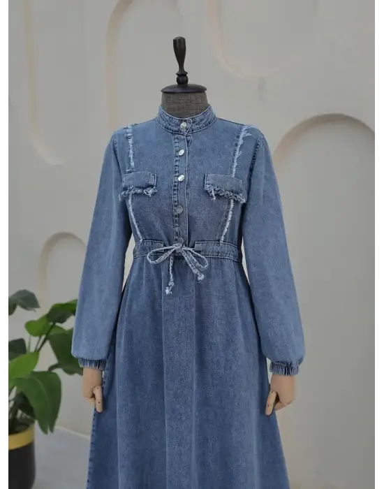 Omarı Püsküllü Kot Elbise - Buz Mavi