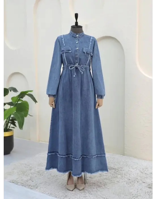 Omarı Püsküllü Kot Elbise - Buz Mavi