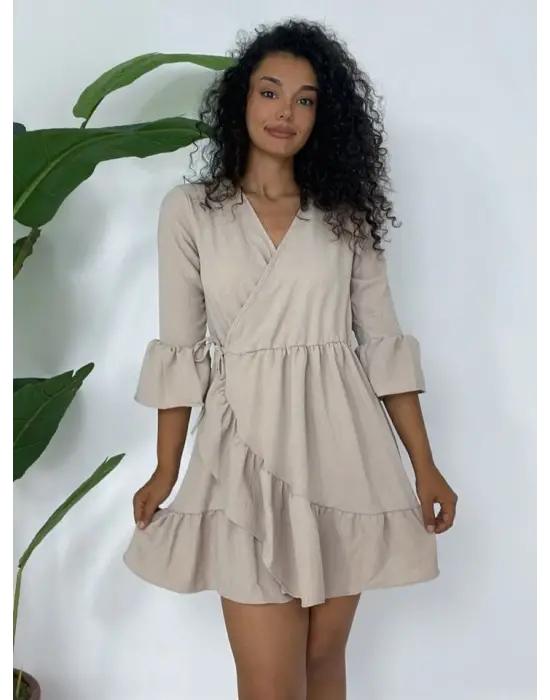 Eteği Ve Kolları Fırfırlı Beli Lastikli Ayrobin Elbise  -Açık Vizon