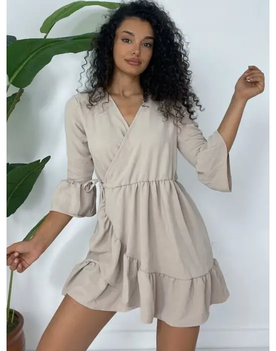 Eteği Ve Kolları Fırfırlı Beli Lastikli Ayrobin Elbise  -Açık Vizon