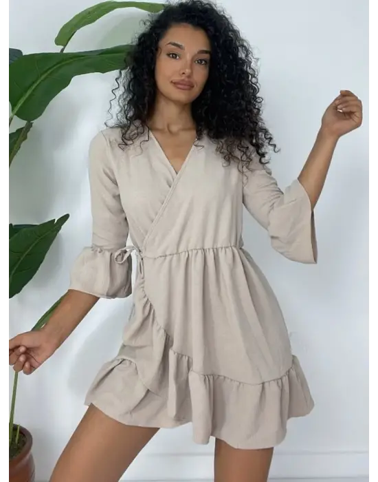 Omarı Fırfırlı Beli Lastikli Vizon Elbise