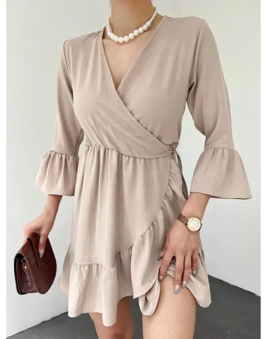 Eteği Ve Kolları Fırfırlı Beli Lastikli Ayrobin Elbise  -Açık Vizon