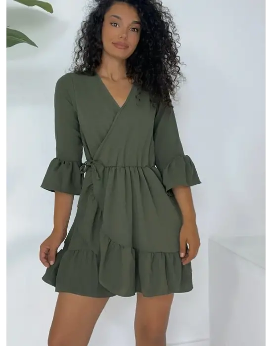 Eteği Ve Kolları Fırfırlı Beli Lastikli Ayrobin Elbise -Haki