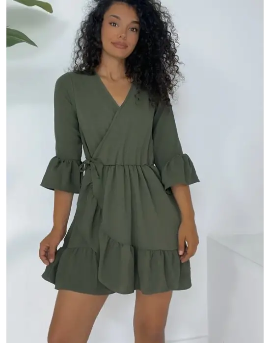 Omarı Fırfırlı Beli Lastikli Haki Elbise