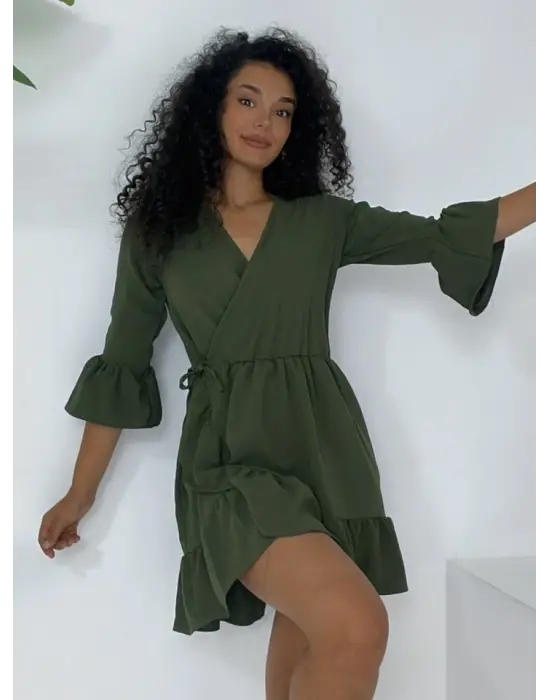 Eteği Ve Kolları Fırfırlı Beli Lastikli Ayrobin Elbise -Haki