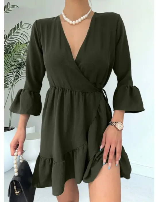 Eteği Ve Kolları Fırfırlı Beli Lastikli Ayrobin Elbise -Haki