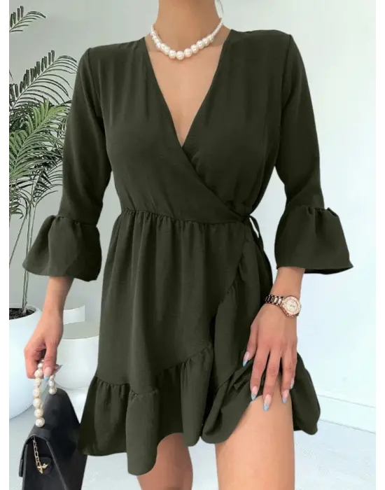 Omarı Fırfırlı Beli Lastikli Haki Elbise