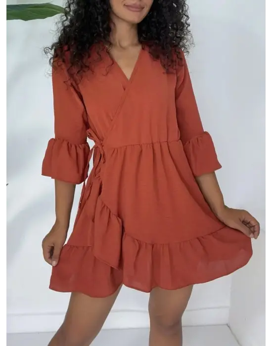 Omarı Şık Fırfırlı Beli Lastikli Kiremit Elbise