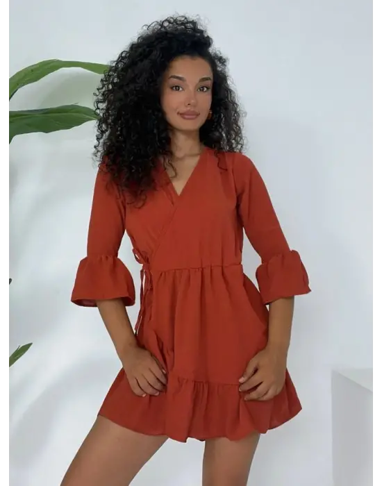 Eteği Ve Kolları Fırfırlı Beli Lastikli Ayrobin Elbise  -Kiremit