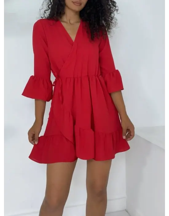 Eteği Ve Kolları Fırfırlı Beli Lastikli Ayrobin Elbise  -Kırmızı