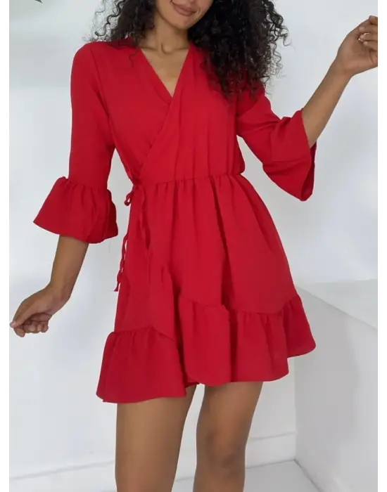 Eteği Ve Kolları Fırfırlı Beli Lastikli Ayrobin Elbise  -Kırmızı