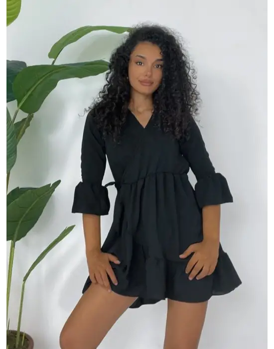 Eteği Ve Kolları Fırfırlı Beli Lastikli Ayrobin Elbise  -Siyah