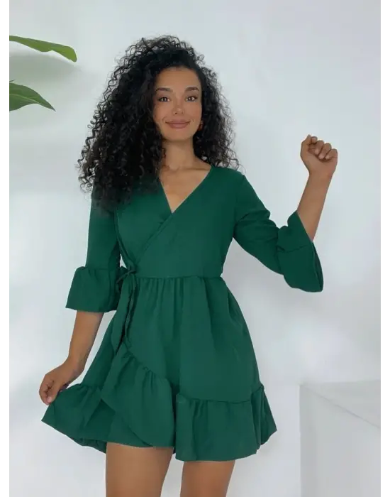 Eteği Ve Kolları Fırfırlı Beli Lastikli Ayrobin Elbise  -Zümrüt