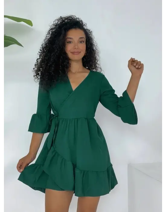 Omarı Fırfırlı Beli Lastikli Zümrüt Elbise