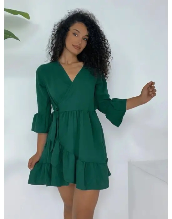 Omarı Fırfırlı Beli Lastikli Zümrüt Elbise