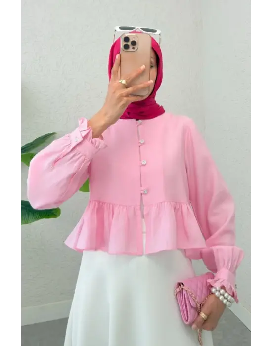 Eteği Ve Kolu Fırfırlı Taşlı Düğmeli Modal Kumaş Gömlek  -Pembe