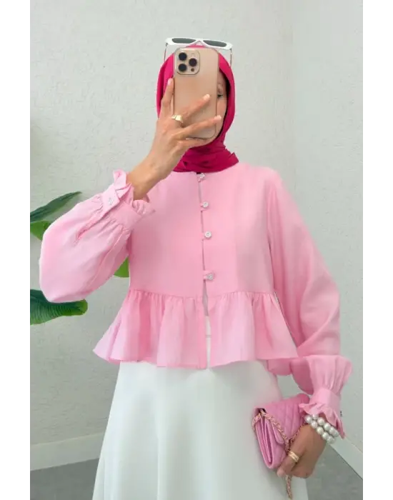 Omarı Taşlı Düğmeli Modal Kumaş Gömlek -Pembe