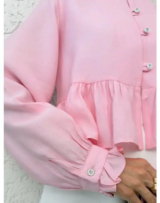 Omarı Taşlı Düğmeli Modal Kumaş Gömlek -Pembe