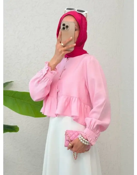 Omarı Taşlı Düğmeli Modal Kumaş Gömlek -Pembe