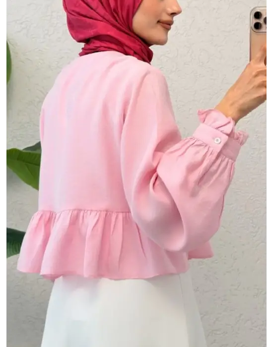 Omarı Taşlı Düğmeli Modal Kumaş Gömlek -Pembe