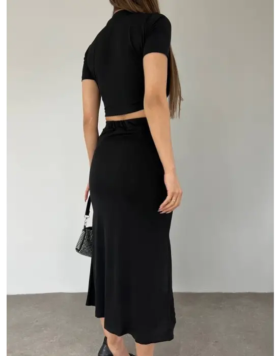 Omarı Siyah Eteği Yırtmaçlı Crop Takım