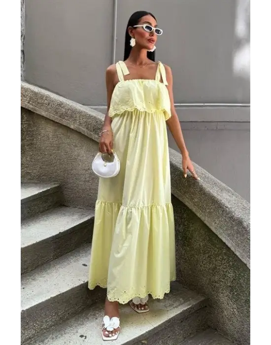 Etek Ucu Brode Nakışlı Boyundan Bağlamalı Elbise 2881