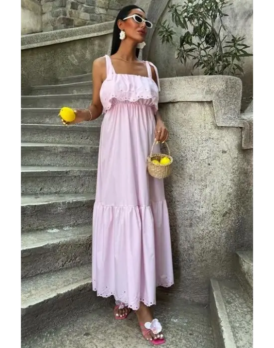 Etek Ucu Brode Nakışlı Boyundan Bağlamalı Elbise 2881