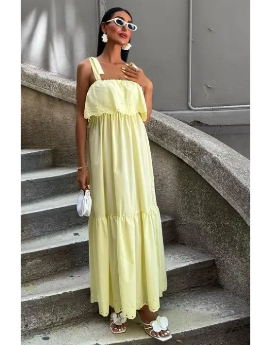 Etek Ucu Brode Nakışlı Boyundan Bağlamalı Elbise 2881