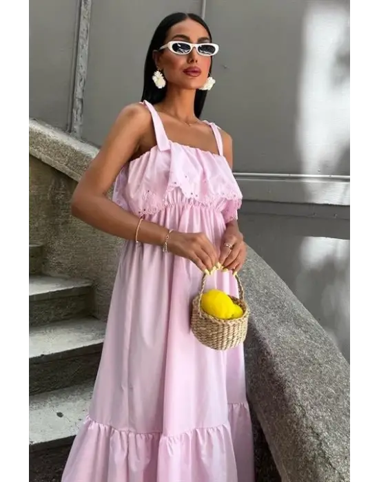 Etek Ucu Brode Nakışlı Boyundan Bağlamalı Elbise 2881