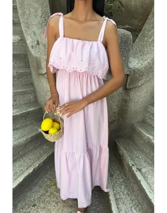 Etek Ucu Brode Nakışlı Boyundan Bağlamalı Elbise 2881