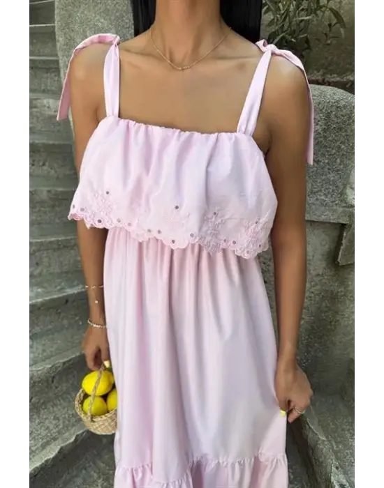 Etek Ucu Brode Nakışlı Boyundan Bağlamalı Elbise 2881