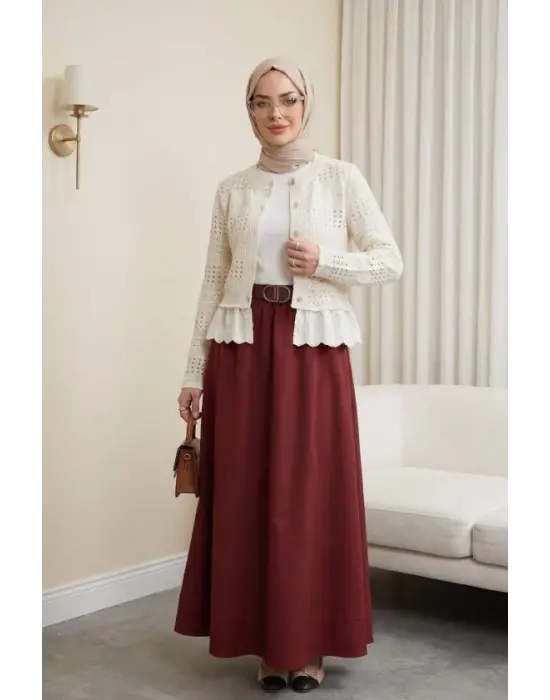Etek Ucu Dikiş Detaylı Beli Lastikli Astarlı İthal Soft Gabardin Etek  -Bordo