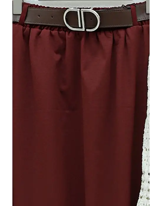 Etek Ucu Dikiş Detaylı Beli Lastikli Astarlı İthal Soft Gabardin Etek  -Bordo