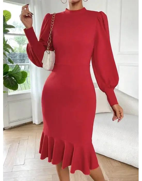 Omarı Çarpıcı Fırfır Detaylı Kadın Midi Elbise